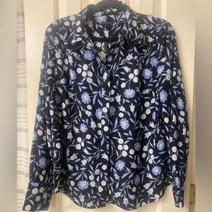 Ann Taylor Floral Black Button Down Long Sleeve Blouse Size Medium